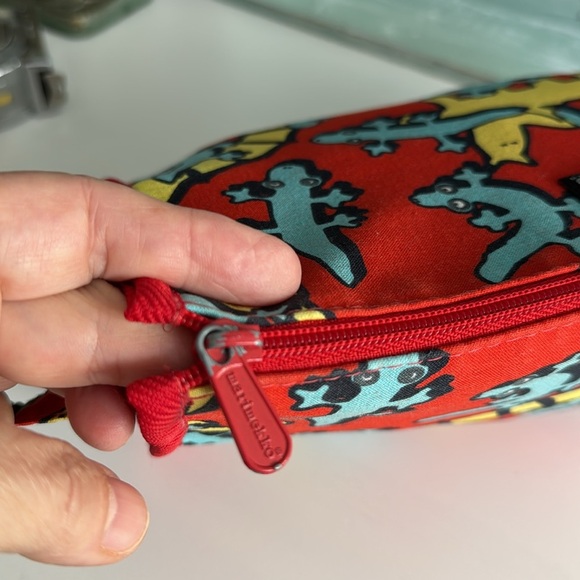 Marimekko Red Toiletry Pouch with Blue and Yellow Lizard Animal Print - Picture 7 of 10